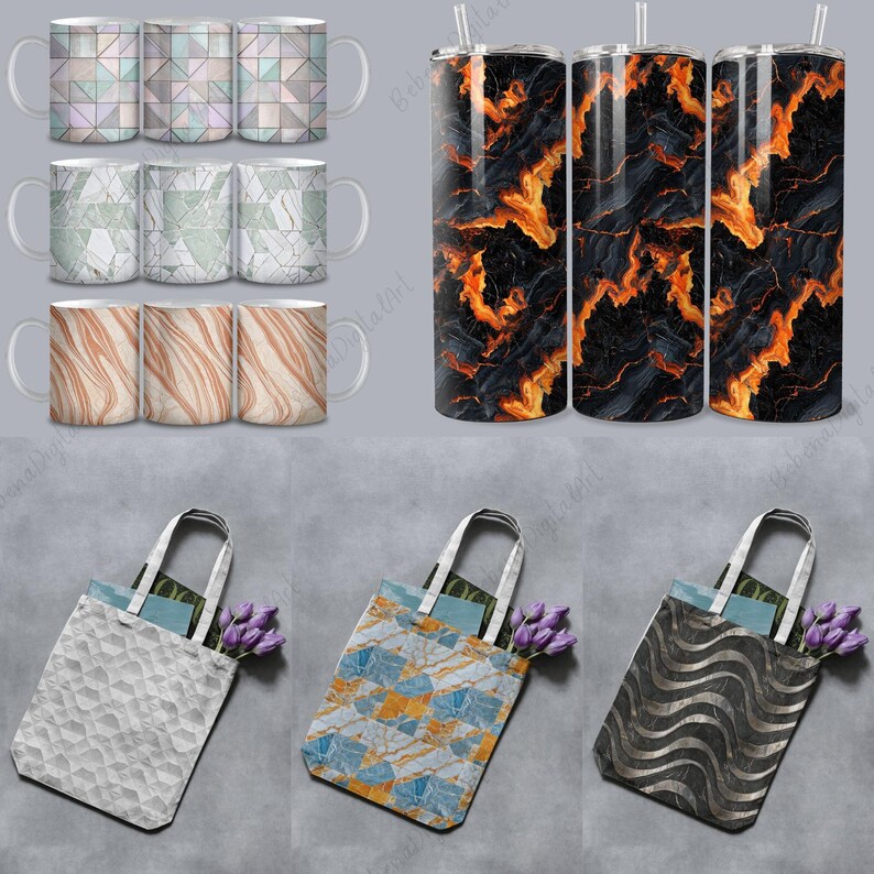 May include: Set of three different patterned mugs, three different patterned tote bags, and three different patterned tumblers. The mugs are white with geometric, marble, and wood grain patterns. The tote bags are white with geometric, marble, and wave patterns. The tumblers are black with orange lava flow patterns.