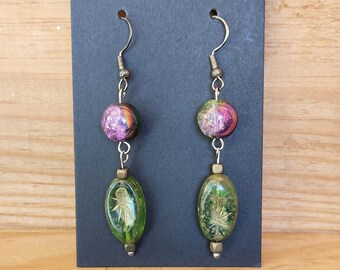 Pink and Green Czech Glass Dangling Earrings