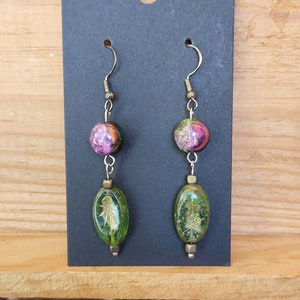 Pink and Green Czech Glass Dangling Earrings image 1