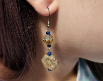 Blue and Taupe Floral Czech Glass Dangling Earrings