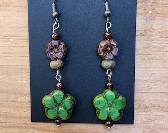 Purple And green Floral Czech Glass Dangling Earrings