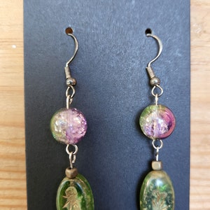 Pink and Green Czech Glass Dangling Earrings image 2