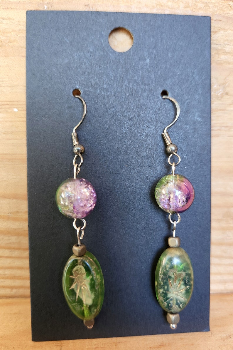 Pink and Green Czech Glass Dangling Earrings image 2