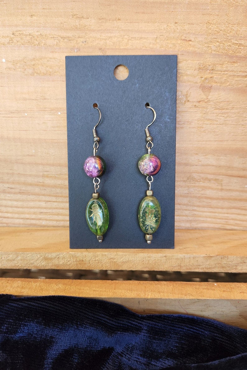 Pink and Green Czech Glass Dangling Earrings image 1