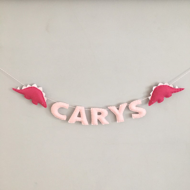 May include: A pink felt banner with the name "CARYS" in light pink letters. Two magenta dinosaur shapes flank the name. The banner is strung on a white string against a gray background.