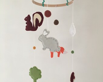 Woodland Creatures Small Felt Squirrel, Bunny, Fox, Mushroom, Tree Crib Mobile