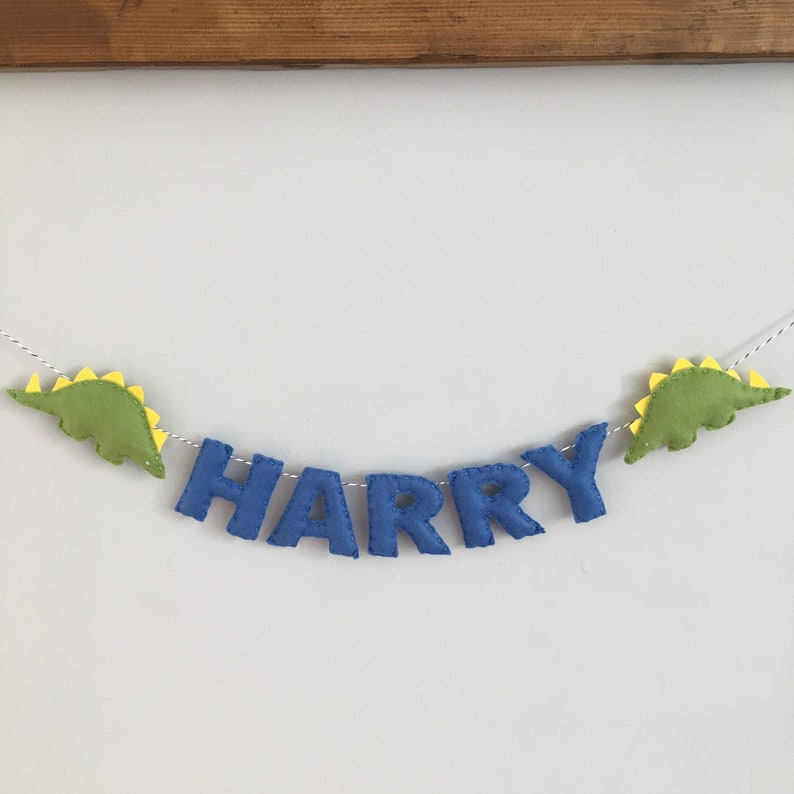 May include: A felt banner with the name "HARRY" in blue letters, flanked by green dinosaur shapes with yellow spines. The banner is strung on a white cord and hangs against a white wall.