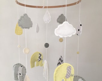 Yellow & Grey or Mint, Yellow, Grey Felt Elephant and Clouds Crib/Nursery Mobile