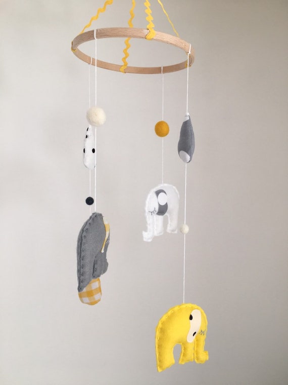 Bright Yellow Grey Felt Elephant Baby Crib Mobile Etsy