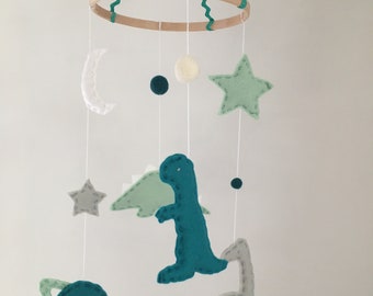 Awesome Handmade Dinosaurs in Space Turquoise or Pink Felt Baby Crib Nursery Mobile