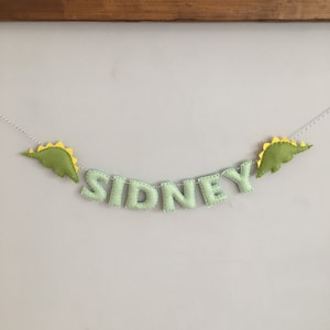 May include: A light green felt banner spelling "SIDNEY" in matching letters. The banner is decorated with two green dinosaur shapes with yellow spines. The banner is strung on a white and silver string.