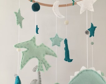 Awesome Dinosaurs in Space Turquoise or Pink Felt Baby Crib Nursery Mobile