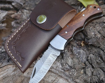 Handmade Damascus Pocket Knife Rose Wood Handle Birthday Gift Folding Knife Groomsmen Gift, Anniversary Wedding Personalized Gift for Men