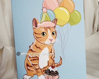Orange Cat 'n Balloons Greeting Card