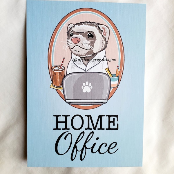 Home Office Ferret - 5x7 Eco-friendly Print on Linen Paper