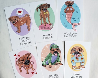 Joyful Puggle Valentines - Mini Eco-friendly Set of 6 Printed on Linen Paper