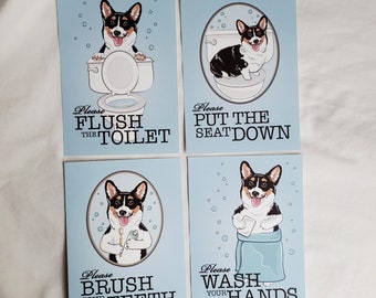 Tricolor Corgi Bathroom Prints - 5x7 Set of 4 printed on Recycled Linen Paper