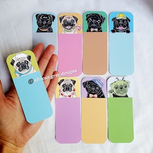Pug Bookmarks - Eco-friendly Set of 8 Printed on Recycled Linen Paper