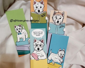 Bookworm Westie Bookmarks -  Eco-friendly Set of 5 on Recycled Linen Paper