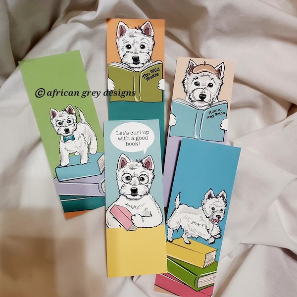 Bookworm Westie Bookmarks -  Eco-friendly Set of 5 on Recycled Linen Paper