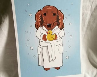 Bathtime Longhaired Dachshund - 8x10 Eco-friendly Print