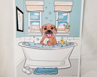 Seaside Bath Puggle - Eco-Friendly 8x10 Print on Recycled Linen Paper