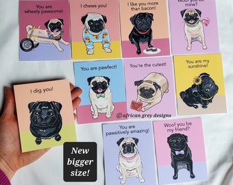 Pug Valentines - New Bigger Size - Eco-friendly Set of 10 - 3.5 x 4.25 Inches - Printed on Recycled Linen Paper