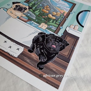 Mountain Bathroom Pugs Eco-Friendly 8x10 Print on Recycled Linen Paper image 3