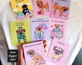 Puggle Valentines - New Bigger Size - Eco-friendly Set of 8 - 3.5 x 4.25 Inches - Printed on Recycled Linen Paper