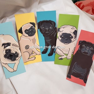 Pug Bookmarks - Eco-friendly Set of 5 - Printed on Recycled Linen Paper
