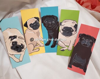 Pug Bookmarks - Eco-friendly Set of 5 - Printed on Recycled Linen Paper