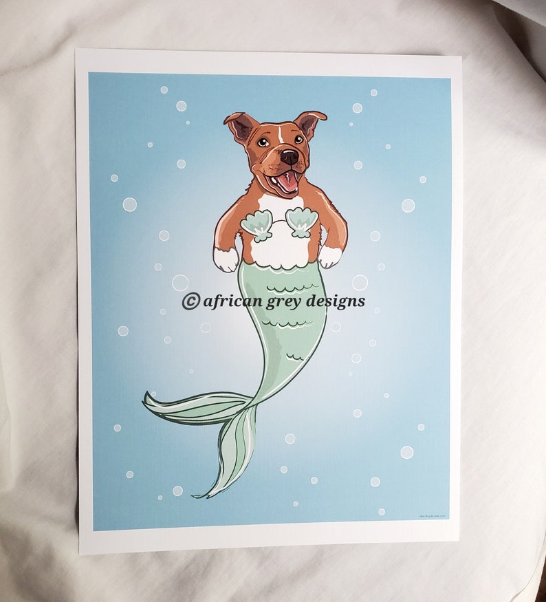 Mermaid Pit Bull Red Eco-Friendly 8x10 Print image 1