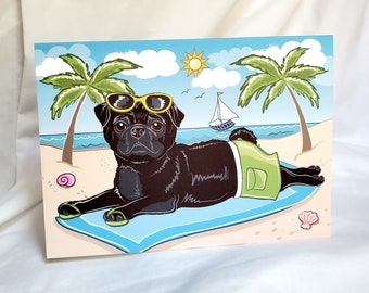 Beach Black Pug Greeting Card