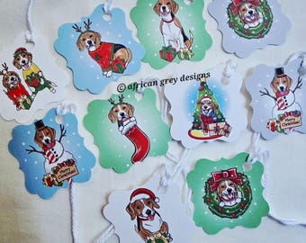 Beagle Christmas Gift Tag Collection - Eco-friendly Set of 10 - Printed on Recycled Linen Paper