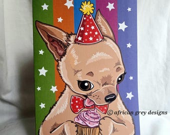 Hungry Chihuahua Cupcake Greeting Card - Rainbow Background