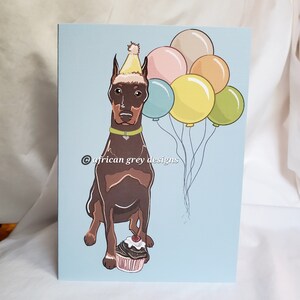 Doberman 'n Balloons Greeting Card - Red/Brown