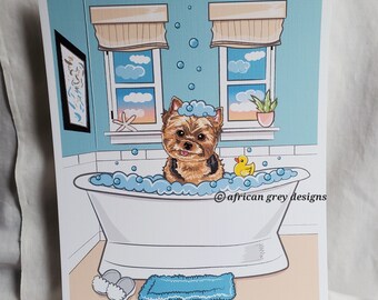 Seaside Bath Yorkie - Eco-Friendly 8x10 Print on Recycled Linen Paper