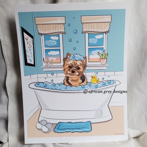 Seaside Bath Yorkie - Eco-Friendly 8x10 Print on Recycled Linen Paper