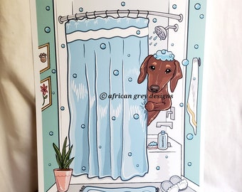 Shower Time Dachshund - Eco-Friendly 8x10 Print on Linen Paper