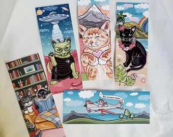 Traveling Cat Bookmarks -  Eco-friendly Set of 5 on Recycled Linen Paper
