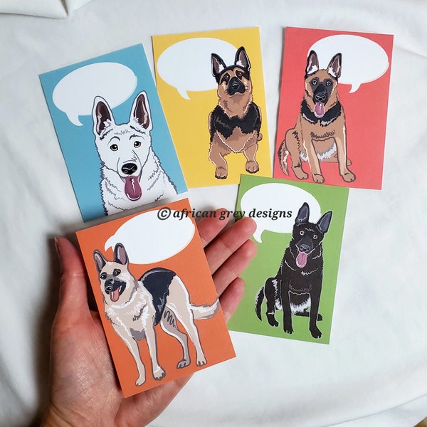 German Shepherd Mini Notecards - Blank Conversation Bubbles - Eco-friendly Set of 5 Printed on Recycled Linen Paper