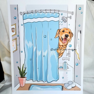 Shower Time Golden Retriever - Eco-Friendly 8x10 Print on Linen Paper