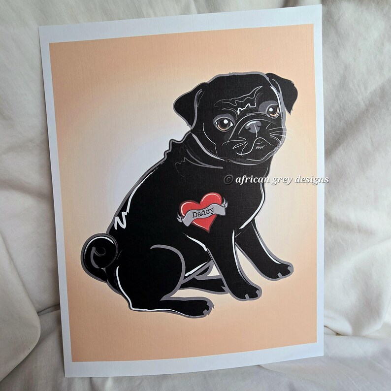 Custom Black Pug Tattoo 8x10 Print on Recycled Linen Paper Etsy