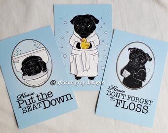 Black Pug Bathroom Prints - 4x6 Eco-friendly Set of 3