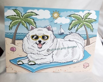 Beach Pomeranian Greeting Card - Choose Your Fur Color