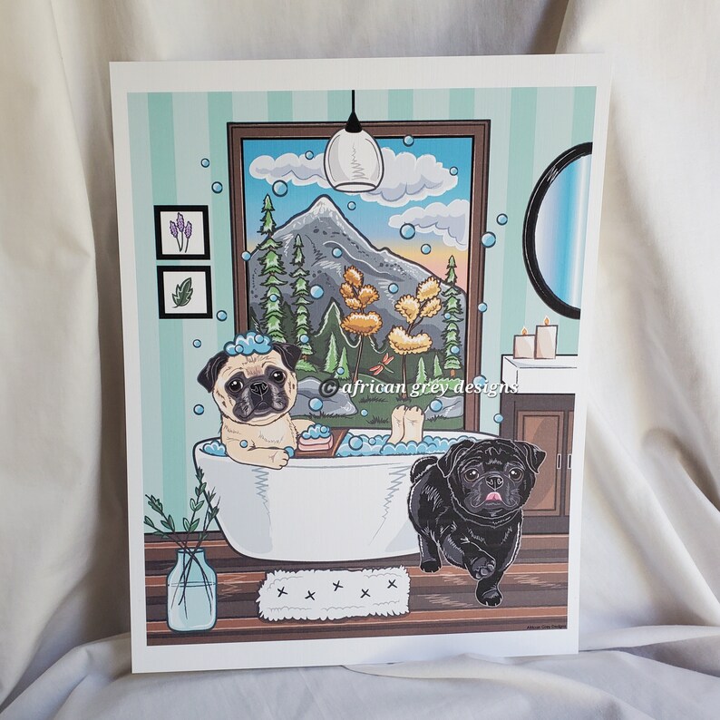 Mountain Bathroom Pugs Eco-Friendly 8x10 Print on Recycled Linen Paper image 4