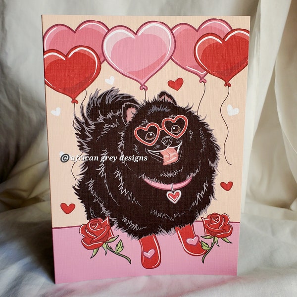 Black Pomeranian with Heart Balloons - Greeting Card