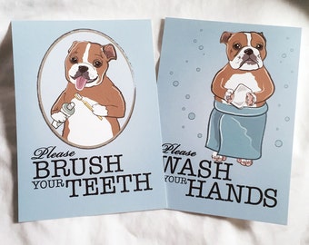 English Bulldog Bathroom Prints - 5x7 Eco-friendly Pair