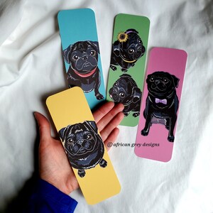 Large Pug Bookmarks - Black Pugs - Eco-friendly Set of 4 - Printed on Recycled Linen Paper