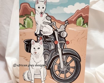 Motorcycle Husky Greeting Card - White Huskies